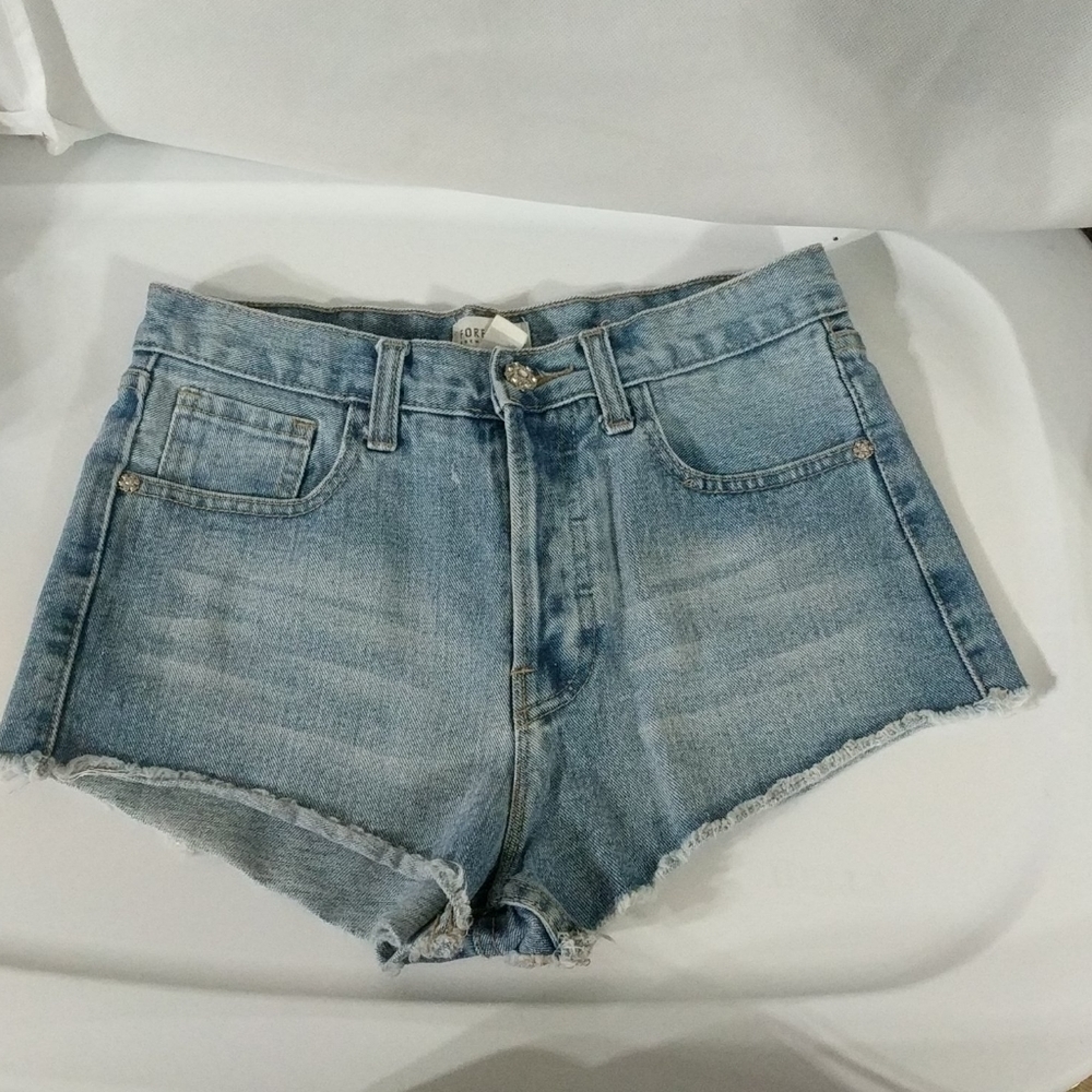 Forever 21 Button Fly High Rise Medium Wash Raw Hem Shorts - size 27